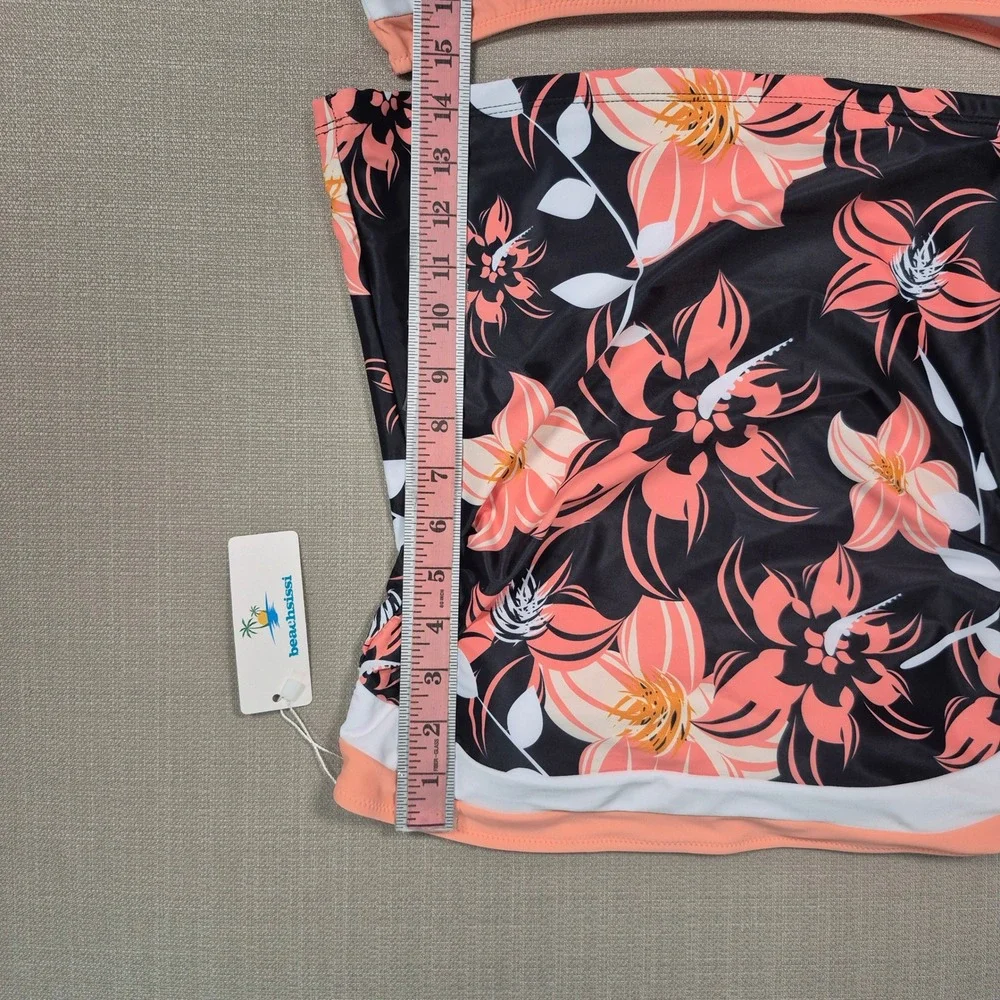 Beachsissi Women Black Coral Floral Bandeau Tankini Swimsuit Set NWT Size M